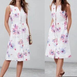 Joules Lisia 100% Linen White Floral Button Front Sleeveless Dress Size 8